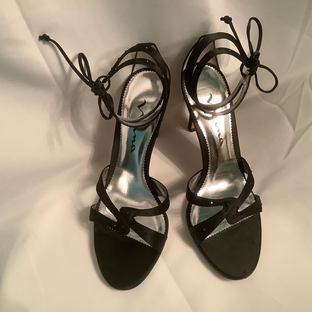 Nina Black Strappy Ankle-Tie Heels